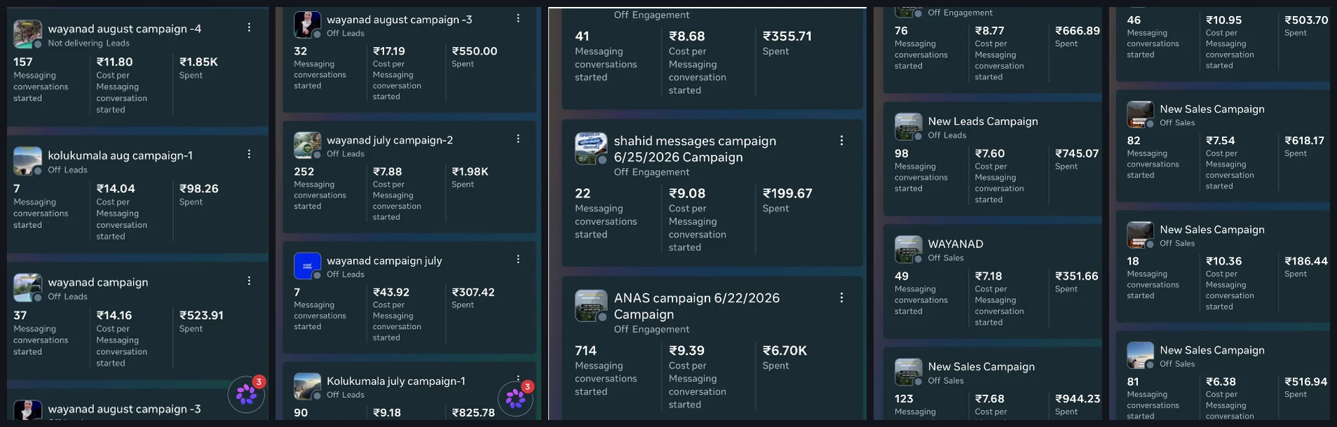 Meta Ads Manager app screenshots of 18 Way Valley campaigns, including ANAS campaign with 714 conversations at ₹9.39, wayanad july campaign-2 with 252 at ₹7.88 and wayanad august campaign-4 with 157 at ₹11.80