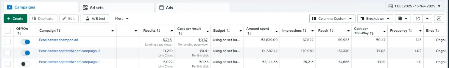 Meta Ads Manager campaign table for Eco Cleanser, 1 Oct – 15 Nov 2025
