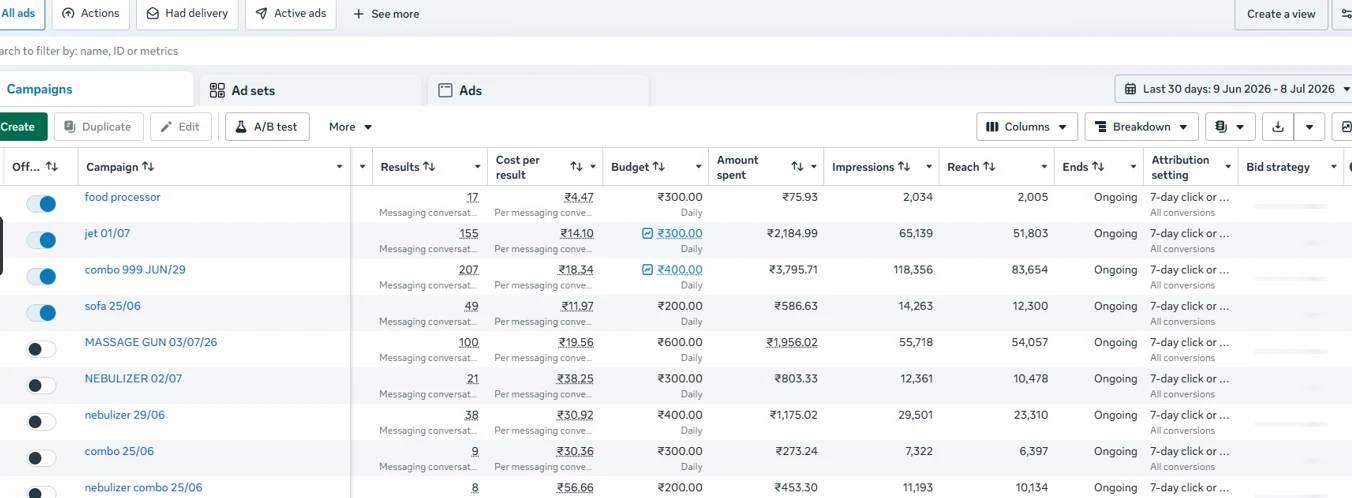 Meta Ads Manager campaign table for Trenster, 9 Jun – 8 Jul 2026